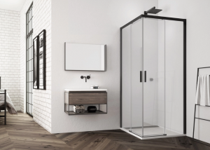 Ronal wejście narożne prawe na wymiar z drzwiami rozsuwanymi, kabina asymetryczna 60-90x0-200 cm, szkło Durlux 200, profile BLACK LINE czarny mat TLSDSM10622