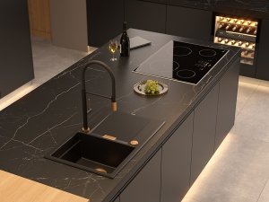 Quadron OWEN 111 GraniteQ zlewozmywak z syfonem Push 2 Open 1-komorowy z/o (760x500x215; kom. 330x430) black diamond / elementy miedziane HQO7650U8PVDC1