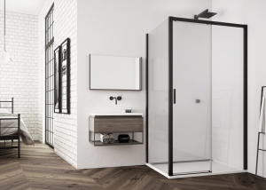 Ronal drzwi jednoczęściowe lewe ze ścianką stałą na wymiar 100-180x0-200 cm, szkło przezroczyste, profile BLACK LINE czarny mat TLS2GSM10607