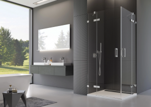 Ronal Sanswiss wejście narożne dwuczęściowe 75-120x200 cm, szkło pas satynowy poziomy, profile chrom PUE2DSM11051