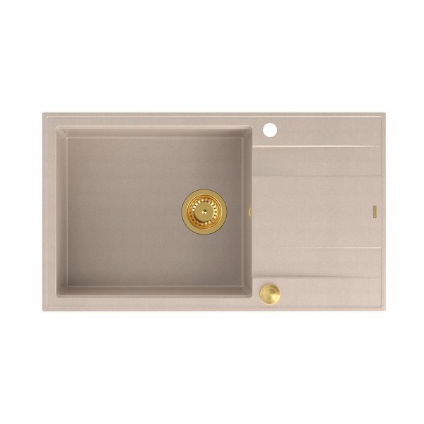 Quadron EVAN 136 XL GraniteQ zlewozmywak z syfonem Push To Open 1-komorowy z/o (860x500x210; kom. 420x490) pearl beige / elementy złote HCQE58650U2PVDG1P2O