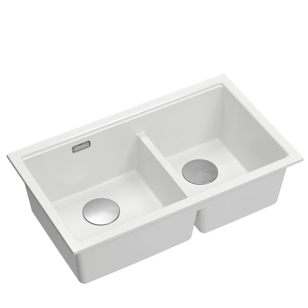 QUADRON | LOGAN 120 | granitowy zlewozmywak kuchenny SNOW WHITE + STAL | wymiar: 76 x 45 x 23,5 cm | 2-komorowy podwieszany | podbudowa szafki od: 80 cm HQL7645U1BSU