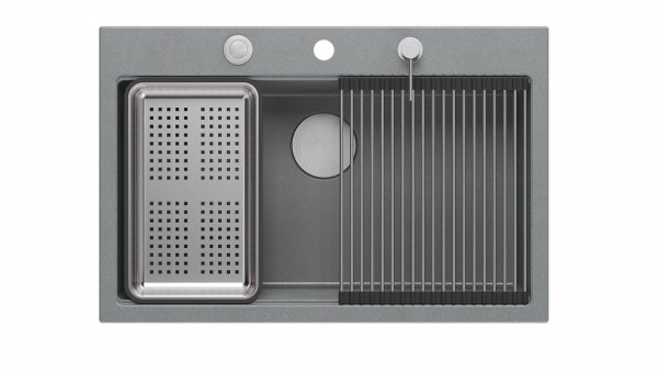 Quadron MARC 110 WORKSTATION GraniteQ zlewozmywak 1-komorowy 760*500*235 mm silver stone + syfon push to open + dozownik stal szcz.+ wkładka ociekowa+ Qmata +deska/ elementy stalowe HQM7650U5BS