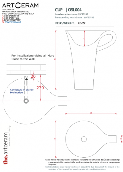  Artceram OSL00401;50 CUP umywalka kubek wysoki LIVINGTEC® / BIANCO BICOLORE NERO