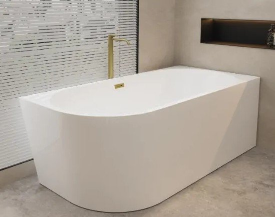 Balneo AVOLA  Wanna wolnostojąca narożna prawa 170 x 80 cm biała akrylowa z ramą ze stali nierdzewnej i 6 nóżkami stabilizującymi z przelewem i korkiem złotym J0101040402-2