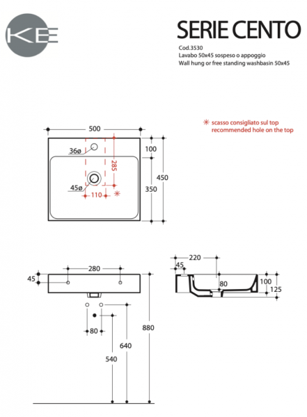 Kerasan 353030 CENTO umywalka 50X45 SOS/APP biały mat
