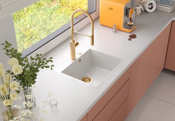 QUADRON | MORGAN 110 FM PRODUKT NA ZAMÓWIENIE | granitowy zlewozmywak kuchenny BIAŁY + STAL | wymiary: 56,5 x 49,5 x 21,6 cm | 1-komorowy na równi w blatem | podbudowa szafki od: 60 cm HB8304U1FMBSP2O