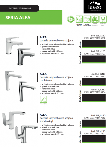 Laveo ALEA bateria umywalkowa z korkiem BLE622D