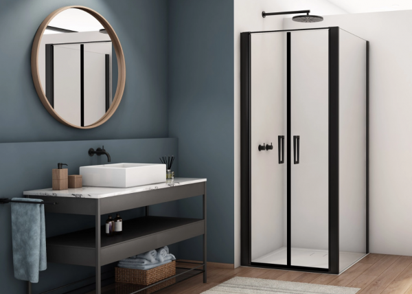 Ronal drzwi wahadłowe dwuczęściowe 90x200 cm, szkło przezroczyste, profile BLACK LINE czarny mat D22T20900607