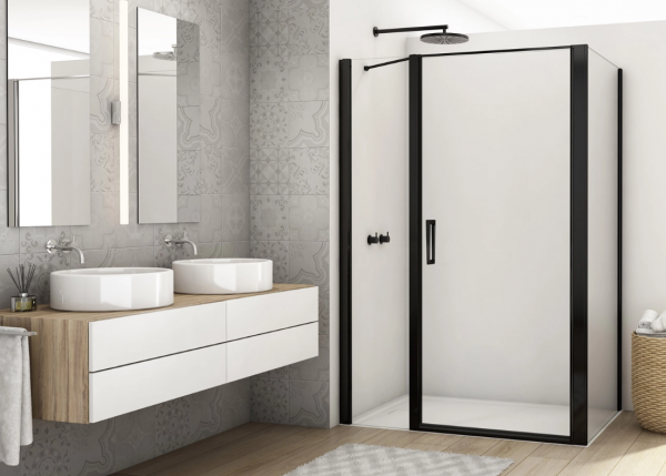 Ronal drzwi wahadłowe jednoczęściowe ze ścianką stałą w linii 140x200 cm, szkło przezroczyste, profile BLACK LINE czarny mat D22T31080600607