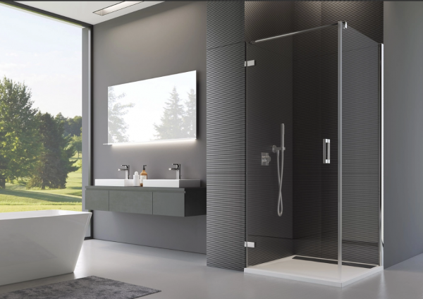 Ronal Sanswiss ścianka boczna 90° lub w linii 100x200 cm, szkło pas satynowy poziomy, profile chrom PUDT2P1001051