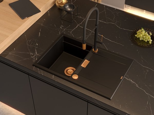 Quadron OWEN 111 GraniteQ zlewozmywak z syfonem Push 2 Open 1-komorowy z/o (760x500x215; kom. 330x430) pure carbon / elementy stalowe HQO7650U7BS