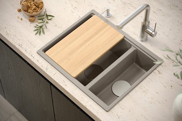 QUADRON | LOGAN 150 | granitowy zlewozmywak kuchenny CZARNY + MIEDŹ PVD | wymiary: 55,5 x 46 x 22 cm | 1,5-komorowy podwieszany | podbudowa szafki od: 60 cm HCQL5646U8C1U