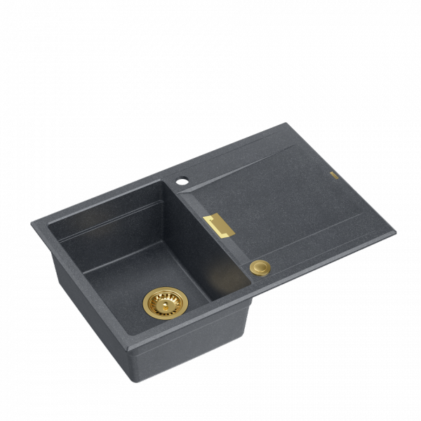 Quadron OWEN 111 GraniteQ zlewozmywak z syfonem Push 2 Open 1-komorowy z/o (760x500x215; kom. 330x430) black diamond / elementy złote HQO7650U8PVDG1