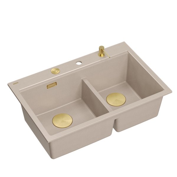 Quadron MARC 120 WORKSTATION GraniteQ zlewozmywak 2-komorowy 760*500*235 mm pearl beige + syfon push to open + dozownik + deska + wkładka / elementy złote HQC7650U2PVDG1
