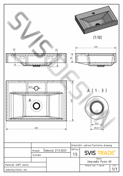 S.V.I.S. Design UMYWALKA 60 CM PYXIS BASIC Z PRZELEWEM, Z OTWOREM NA BATERIĘ - NATURALNY, BEZ DEKORU, LAKIER MATOWY
