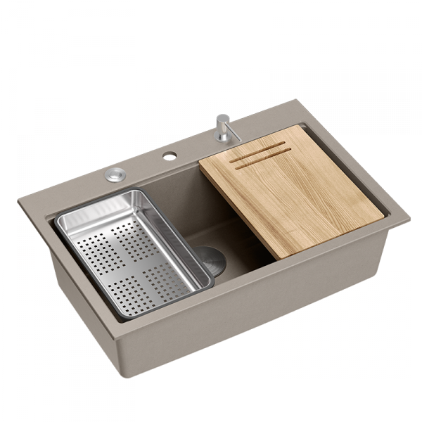 Quadron MARC 110 WORKSTATION GraniteQ zlewozmywak 1-komorowy 760*500*235 mm soft taupe + syfon push to open + dozownik stal szcz.+ wkładka ociekowa+ Qmata +deska/ elementy stalowe HQM7650U4BS