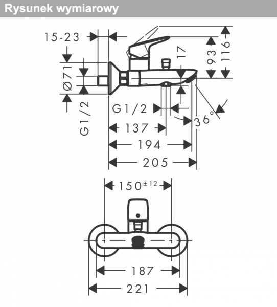 Hansgrohe Logis Jednouchwytowa bateria wannowa, natynkowa czarny mat 71400670