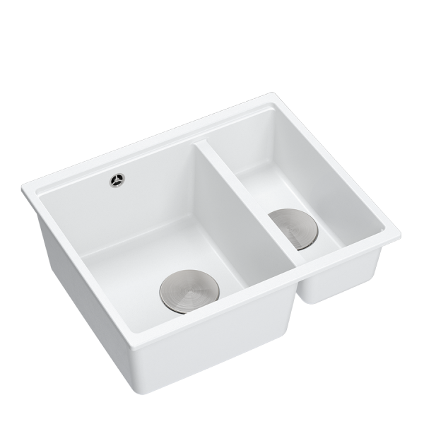 QUADRON | LOGAN 150 | granitowy zlewozmywak kuchenny BIAŁY + STAL | wymiary: 55,5 x 46 x 22 cm | 1,5-komorowy wpuszczany | podbudowa szafki od: 60 cm HCQL5646U1BSI