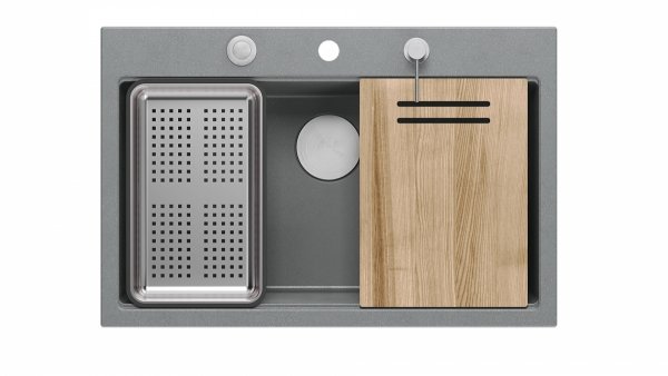Quadron MARC 110 WORKSTATION GraniteQ zlewozmywak 1-komorowy 760*500*235 mm silver stone + syfon push to open + dozownik stal szcz.+ wkładka ociekowa+ Qmata +deska/ elementy stalowe HQM7650U5BS