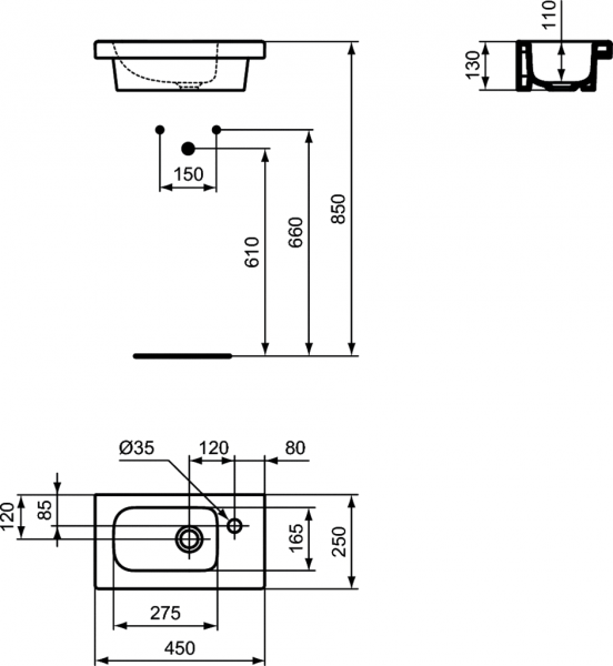 Ideal Standard Connect Space Umywalka półblatowa 45x25 cm, otwór po prawej stronie, biała E136101