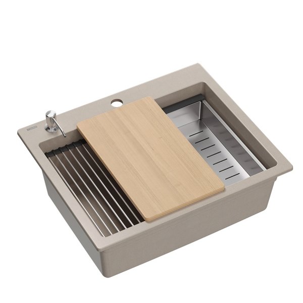 Quadron KURT 110 WORKSTATION GraniteQ zlewozmywak granitowy pearl beige 1-komorowy z/o (59,5x50x21,5) z syfonem i dozownik + Qmata + deska + wkładka ociekowa HCQ5052BEZP