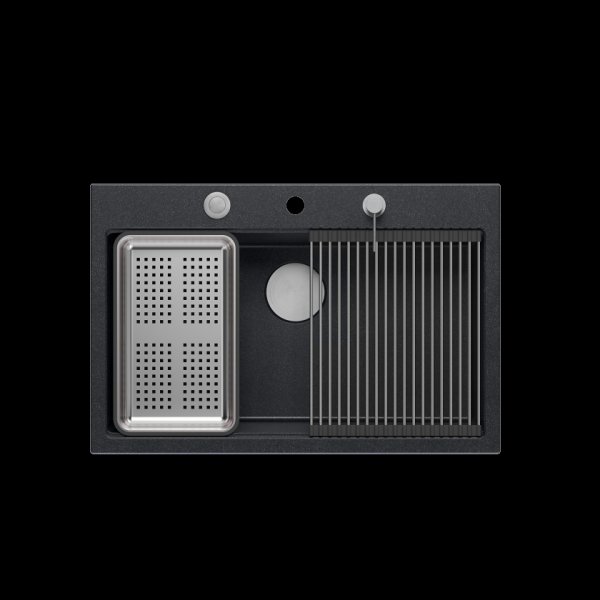 Quadron Zlewozmywak granitowy MARC 110 WORKSTATION – jednokomorowy, wpuszczany, black diamond/elementy stalowe + AKCESORIA HQM7650U8BS