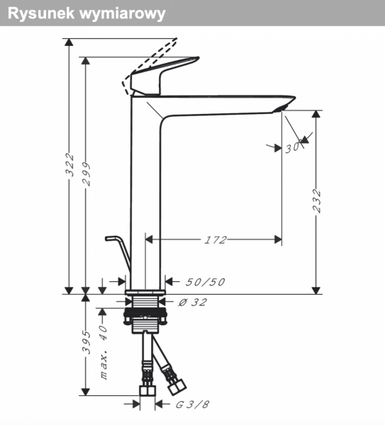 Hansgrohe Logis Jednouchwytowa bateria umywalkowa 240 Fine do umywalek nablatowych z kompletem odpływowym z cięgłem czarny mat 71257670