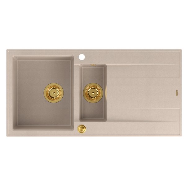Quadron EVAN 156 GraniteQ zlewozmywak z syfonem Push To Open 1,5-komorowy z/o (1000x500x210; kom. 420x480) pearl beige / elementy złote HQE510050U2PVDG1P2O