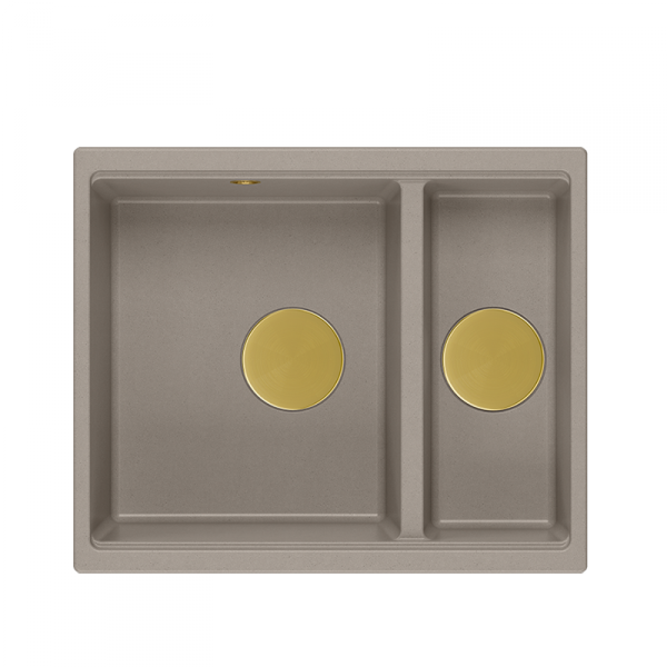 QUADRON | LOGAN 150 | granitowy zlewozmywak kuchenny SOFT TAUPE + ZŁOTO PVD | wymiary: 55,5 x 46 x 22 cm | 1,5-komorowy wpuszczany | podbudowa szafki od: 60 cm HCQL5646U4G1I
