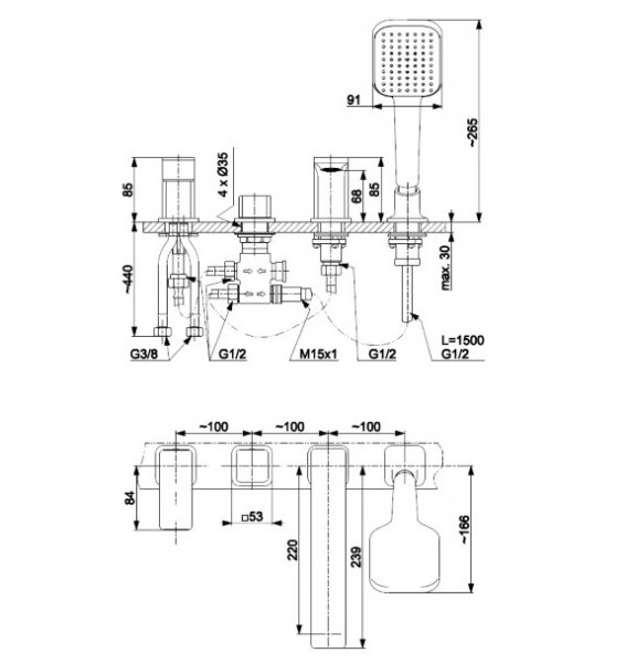 KFA Armatura Dust bateria wannowa złota szczotkowana 4-otworowa 93836257