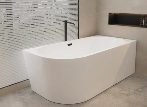 Balneo AVOLA  Wanna wolnostojąca narożna prawa 160 x 80 cm biała akrylowa z ramą ze stali nierdzewnej i 6 nóżkami stabilizującymi z przelewem i korkiem czarnym J0101030402-1