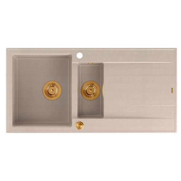 Quadron EVAN 156 GraniteQ zlewozmywak z syfonem Push To Open 1,5-komorowy z/o (1000x500x210; kom. 420x480) pearl beige / elementy miedziane HQE510050U2PVDC1P2O
