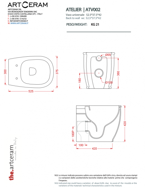 Artceram ATV00201;00 ATELIER miska WC stojąca bezkołnierzowa / BIANCO jednolity