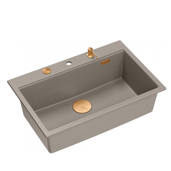 Quadron MARC 110 WORKSTATION GraniteQ zlewozmywak 1-komorowy 760*500*235 mm soft taupe + syfon push to open + dozownik + deska + wkładka / elementy miedziane HQM7650U4PVDC1