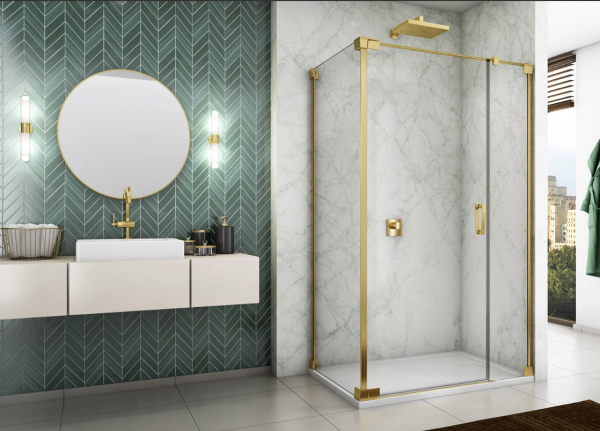Ronal Sanswiss drzwi wahadłowe jednoczęściowe prawe ze ścianką stałą w linii 80-140x0-200 cm, szkło przezroczyste, profile GOLD LINE złoty CA31CDSM11207