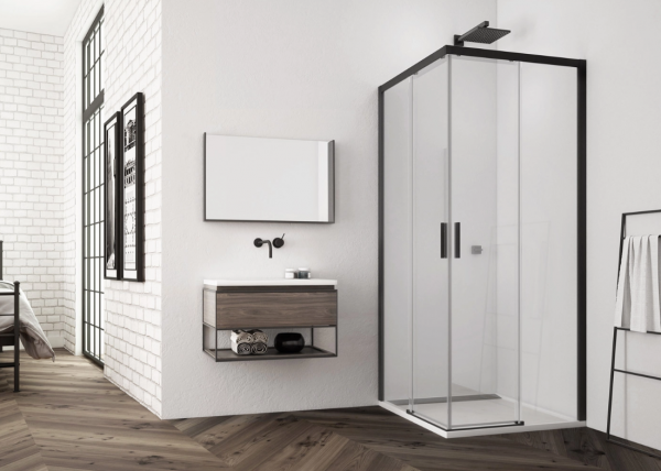 Ronal wejście narożne lewe na wymiar z drzwiami rozsuwanymi, kabina asymetryczna 60-90x0-200 cm, szkło przezroczyste, profile BLACK LINE czarny mat TLSGSM10607