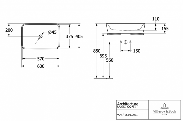 Villeroy&amp;Boch Architectura 5A276101 Umywalka stojąca na blacie 600 x 400 mm 