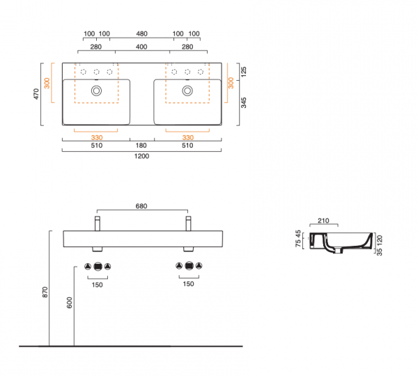 Catalano PREMIUM umywalka 120x47 dwukomorowa 2 otwory biały połysk 0221222001
