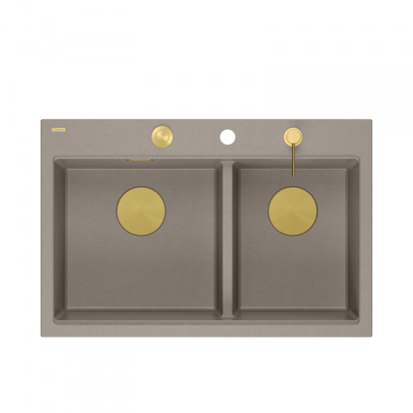 Quadron MARC 120 WORKSTATION GraniteQ zlewozmywak 2-komorowy 760*500*235 mm soft taupe + syfon push to open + dozownik + deska + wkładka / elementy złote HQC7650U4PVDG1
