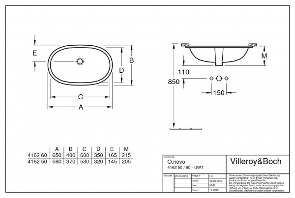 Villeroy &amp; Boch O.novo Umywalka podblatowa z przelewem 600x350x208 mm Weiss Alpin CeramicPlus 416260R1