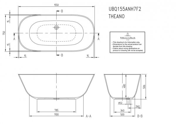 Villeroy &amp; Boch Theano Wanna wolnostojąca 155x75 cm biała UBQ155ANH7F200V01