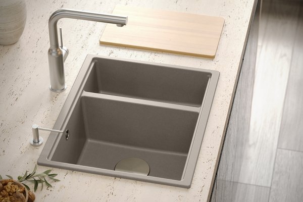 QUADRON | LOGAN 150 | granitowy zlewozmywak kuchenny SZARY + STAL | wymiary: 55,5 x 46 x 22 cm | 1,5-komorowy wpuszczany | podbudowa szafki od: 60 cm HCQL5646U5BSI