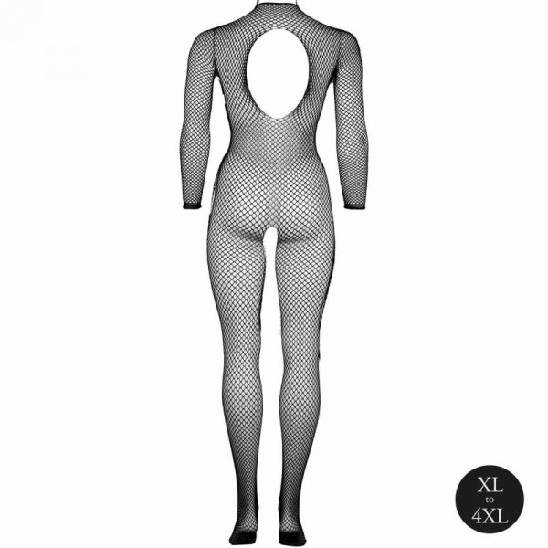 Bodystocking with fishnet structure, open crotch and turtle neck.