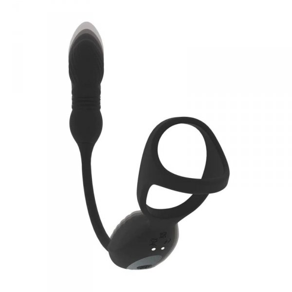 Vibrating and Thrusting Silicone Tri O Cockring with Prostate Stimulator - Black