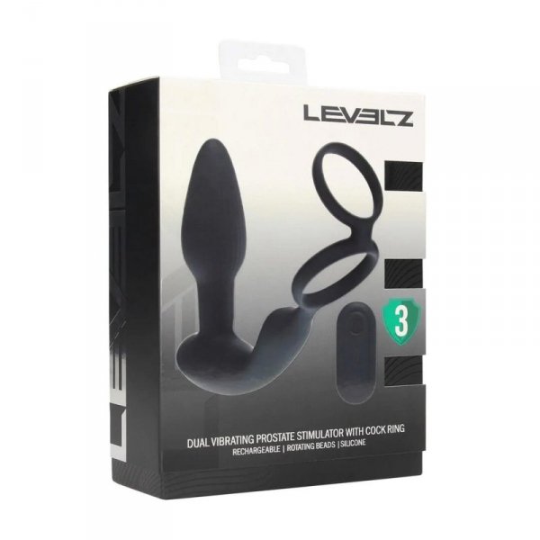 Dual Vibrating Remote Rotating Beads Silicone Prostate Stimulator with Cock and Ball Ring - Black