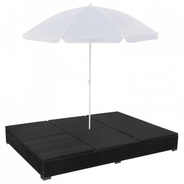 Leżak ogrodowy z parasolem, polirattan, czarny