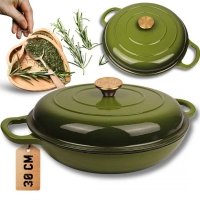 EMALIOWANY GARNEK ŻELIWNY PŁASKI 30cm 3L HAGE OLIWKOWY 