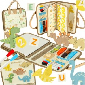 Tablica manipulacyjna sensoryczna montessori walizka dinozaury