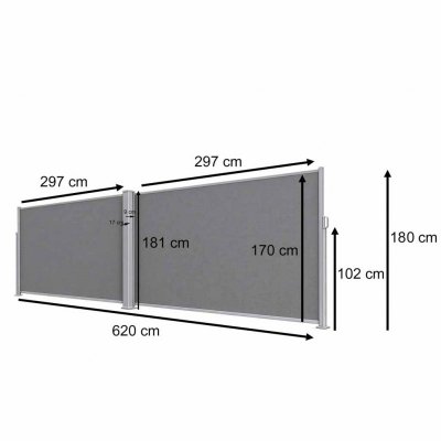 Markiza narożna boczna tarasowa LUARO parawan zwijany 180 x 620 cm szary